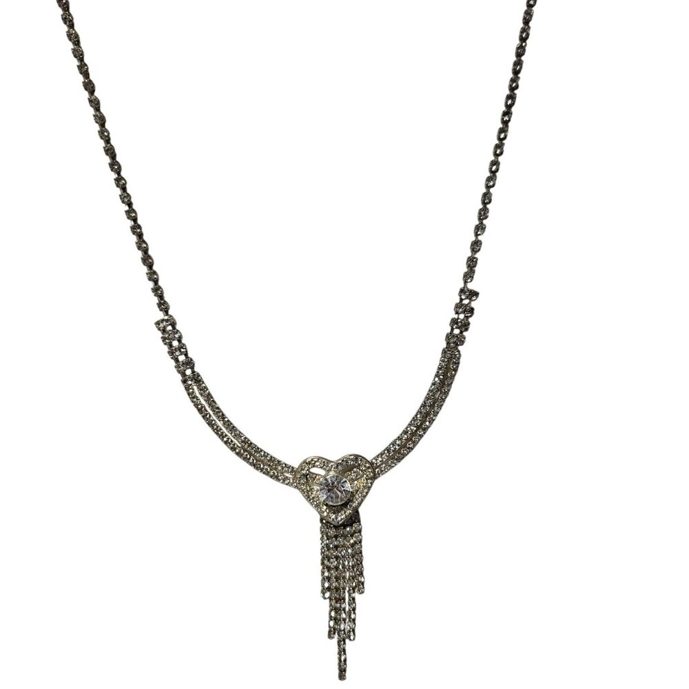 Elegant Heart Shaped Rhinestone Dangling Tassel Pendant Statement Necklace Women